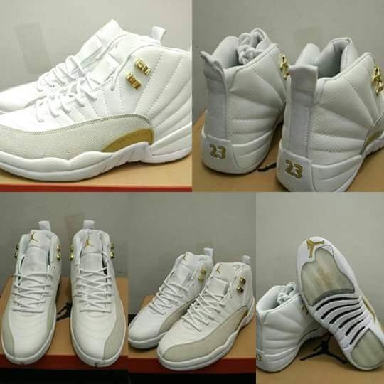 men jordan 12 white and golden shoes-001